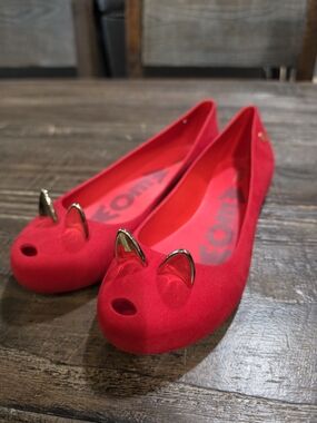 Melissa Meow Red Suede Ballet Flats with Gold Cat-Ear Accents